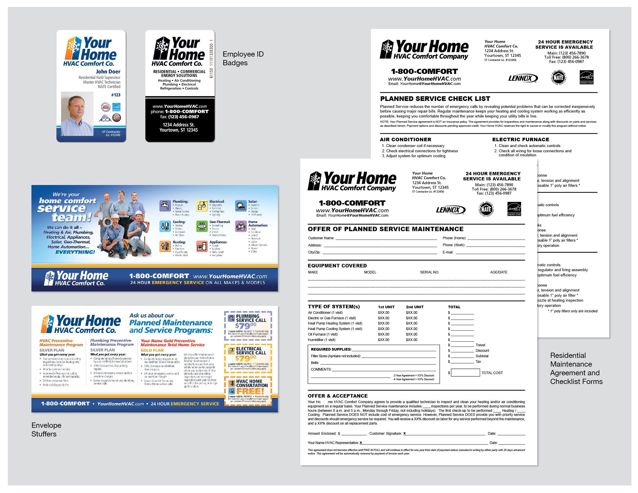 Employee ID badges, envelope stuffers and maintenance agreement forms